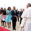 President Barack Obama, First Lady Michelle Obama, daughters Sasha and Malia, Marian Robinson, Vice President Joe Biden, and Dr. Jill Biden greet Pope Francis on his arrival at Joint Base Andrews, Maryland, September 22, 2015.